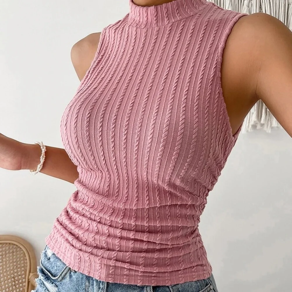 Pink Fitted Ribbed Knit Mock Neck Tank Top - Picture 1 of 5